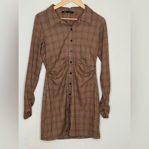 Zara Brown Plaid Long Sleeve Button Front Mini Dress